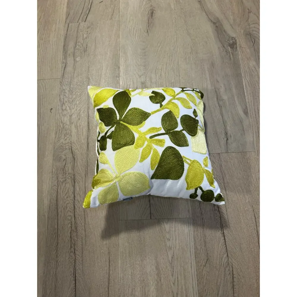 KAS Embroidered Botanical Leaf Throw Pillow Green Yellow White Accent Cushion